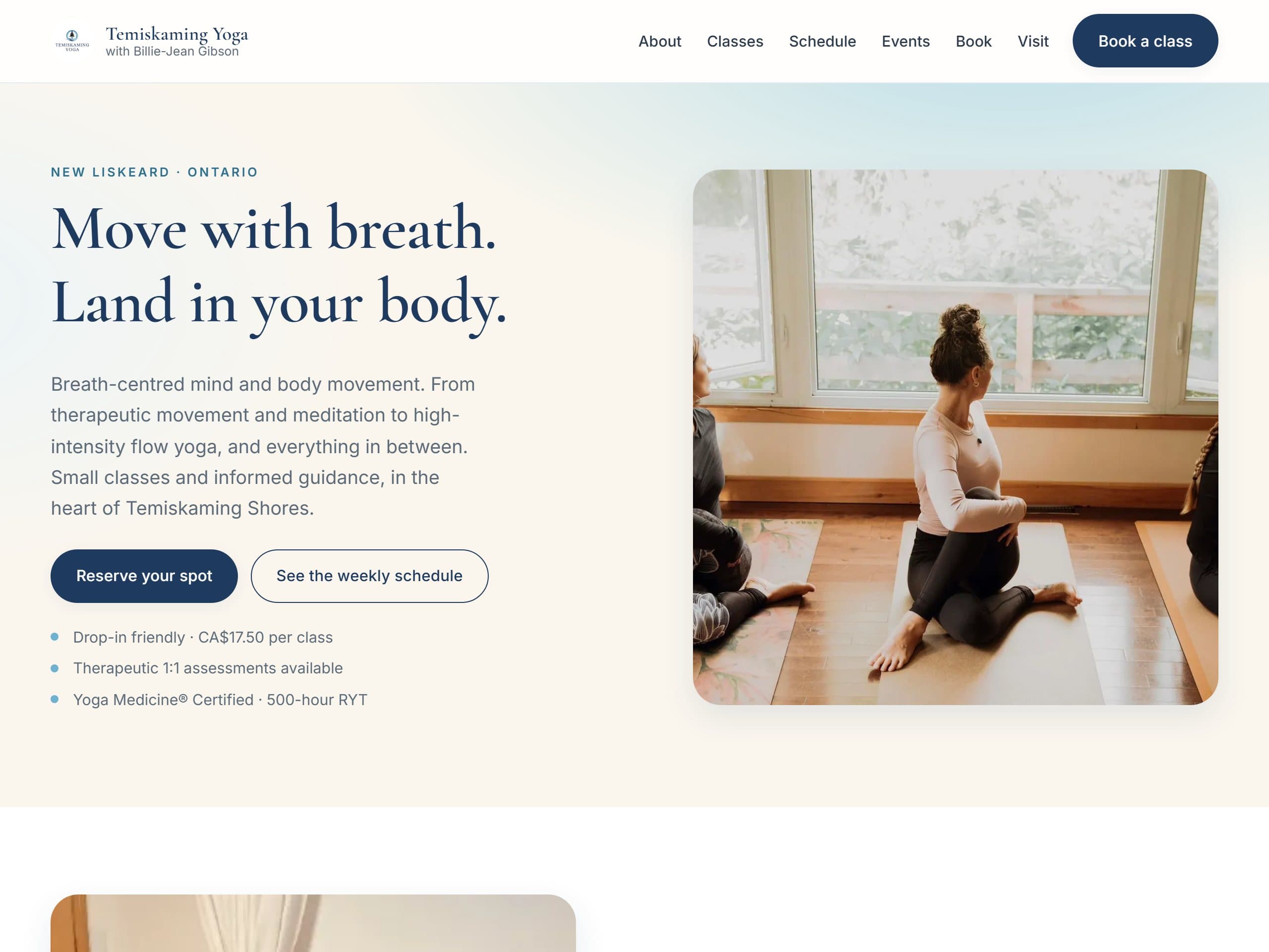 Temiskaming Yoga website, built by Attraction Web Designs